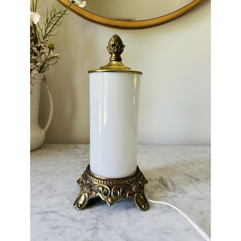 Vintage MCM Brass Table Lamp Milk Glass Cylinder HOLLYWOOD REGENCY